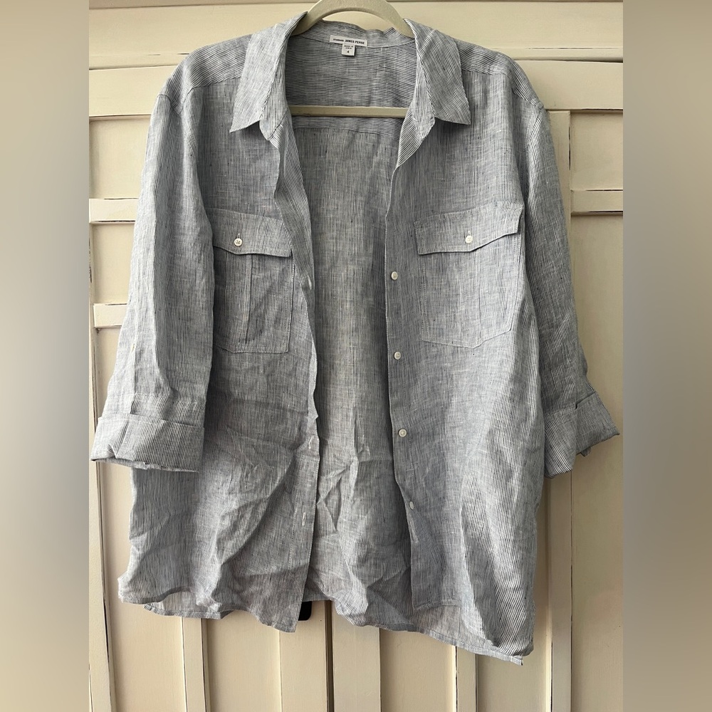 🎈🎈Standard James Perse Linen Blue Stripe Button Up Cuff Sleeves size 4 NWOT